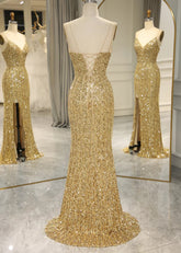 Madge | Mermaid Spaghetti Straps Bling Golden Sequins Long Prom Dress with Split Front - Gold - PromDressClub